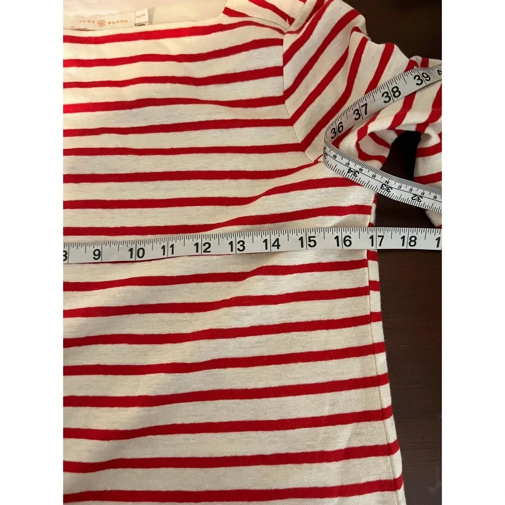 Tory Burch Dress Womens XS Red Striped Linen Boat Neck 3/4 Sleeve Fit & Flare